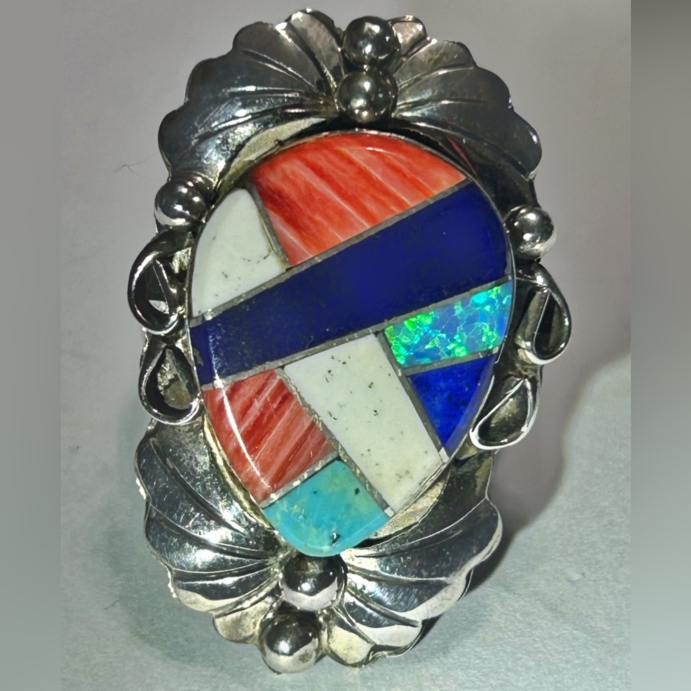SIGNED JIMMY YAZZIE MOSAIC GEMSONE & 925 STERLING RING OPAL LAPIS TURQUOISE